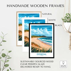 Handmade wooden frames in natural, white, and black colors displaying Donegal Print from Ireland's Wild Atlantic Way.