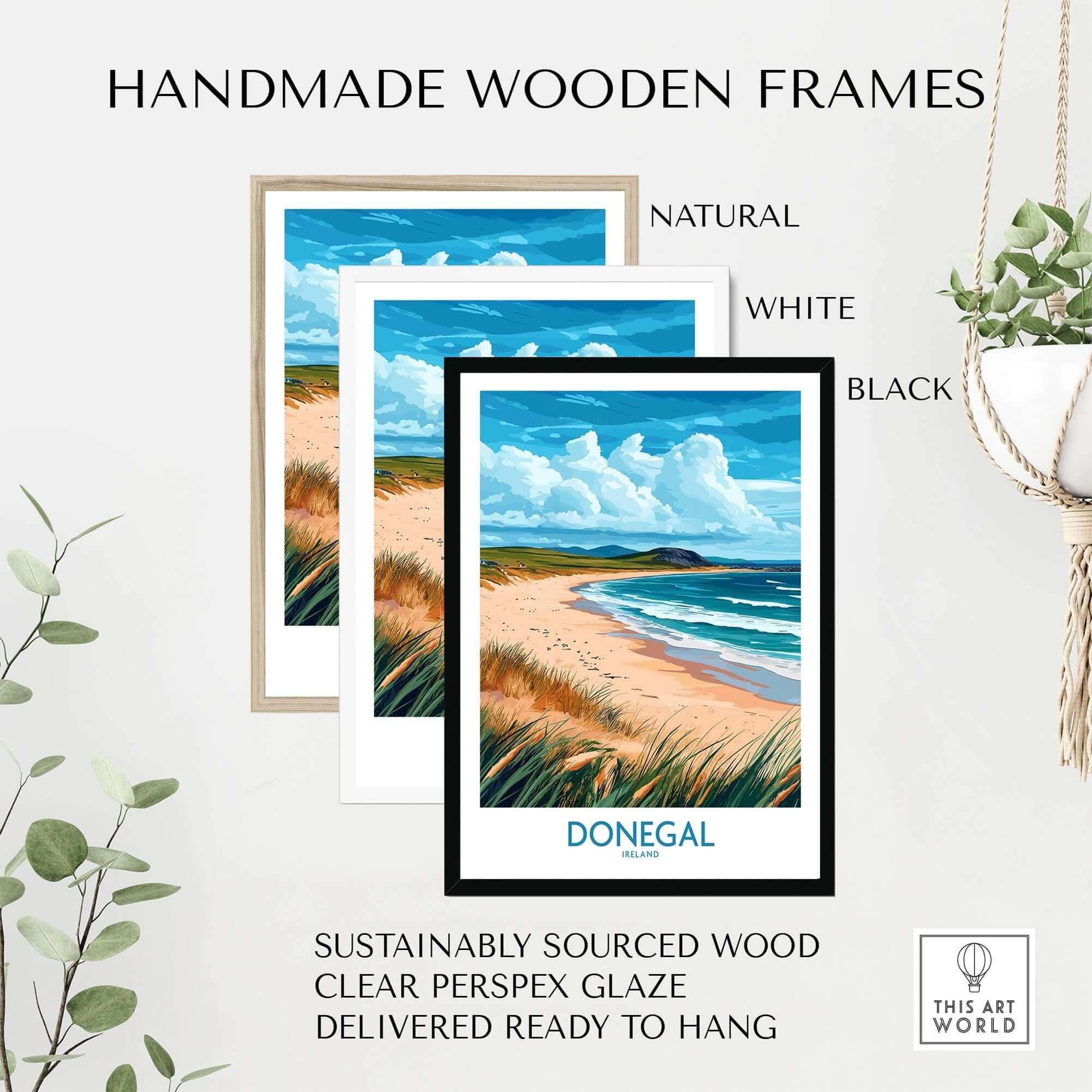 Handmade wooden frames in natural, white, and black colors displaying Donegal Print from Ireland's Wild Atlantic Way.