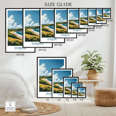 Donegal Travel Poster size guide showing various frame dimensions for wall art featuring Ireland's beaches.