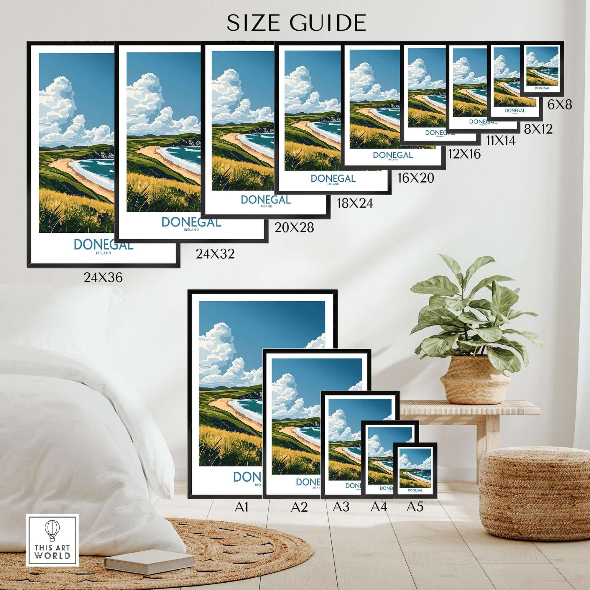 Donegal Travel Poster size guide showing various frame dimensions for wall art featuring Ireland's beaches.