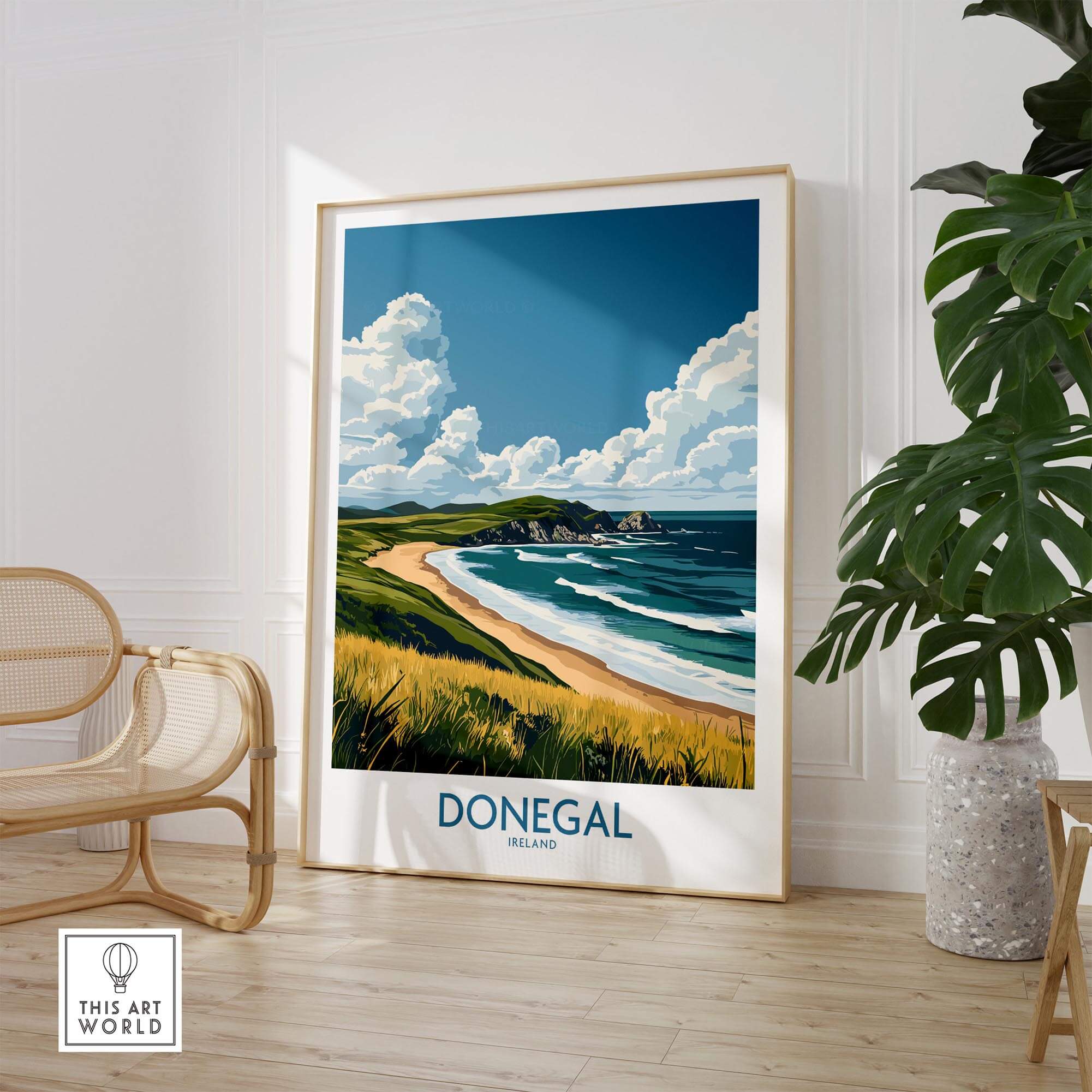 Donegal Travel Poster showcasing the scenic beaches of Ireland in a framed wall art display.