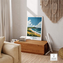 Donegal Travel Poster displayed in a cozy room, highlighting Ireland's beautiful beaches and inviting aesthetics.