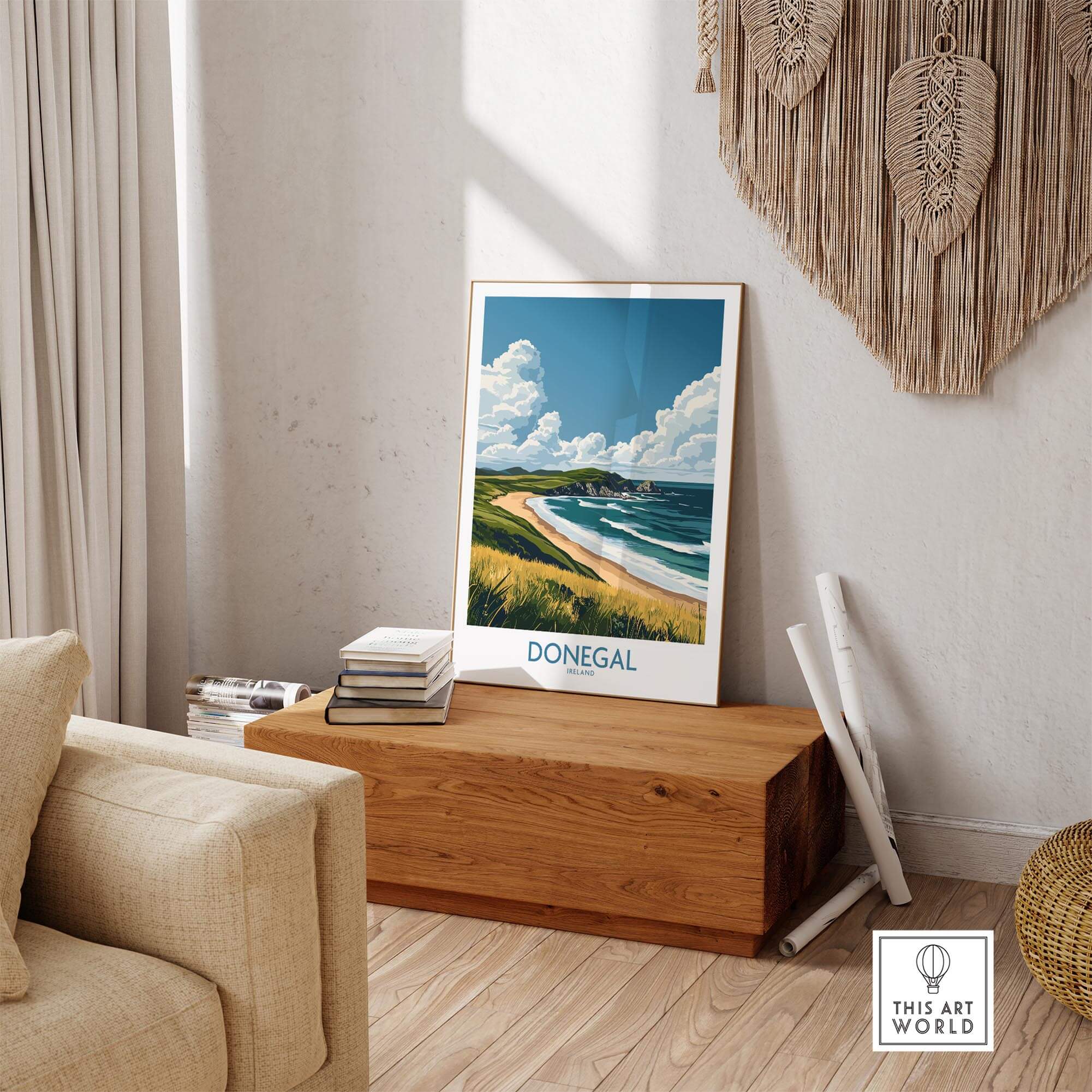 Donegal Travel Poster displayed in a cozy room, highlighting Ireland's beautiful beaches and inviting aesthetics.