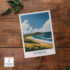 Donegal Travel Poster featuring Ireland's stunning coastline and lush green landscape on wooden background.