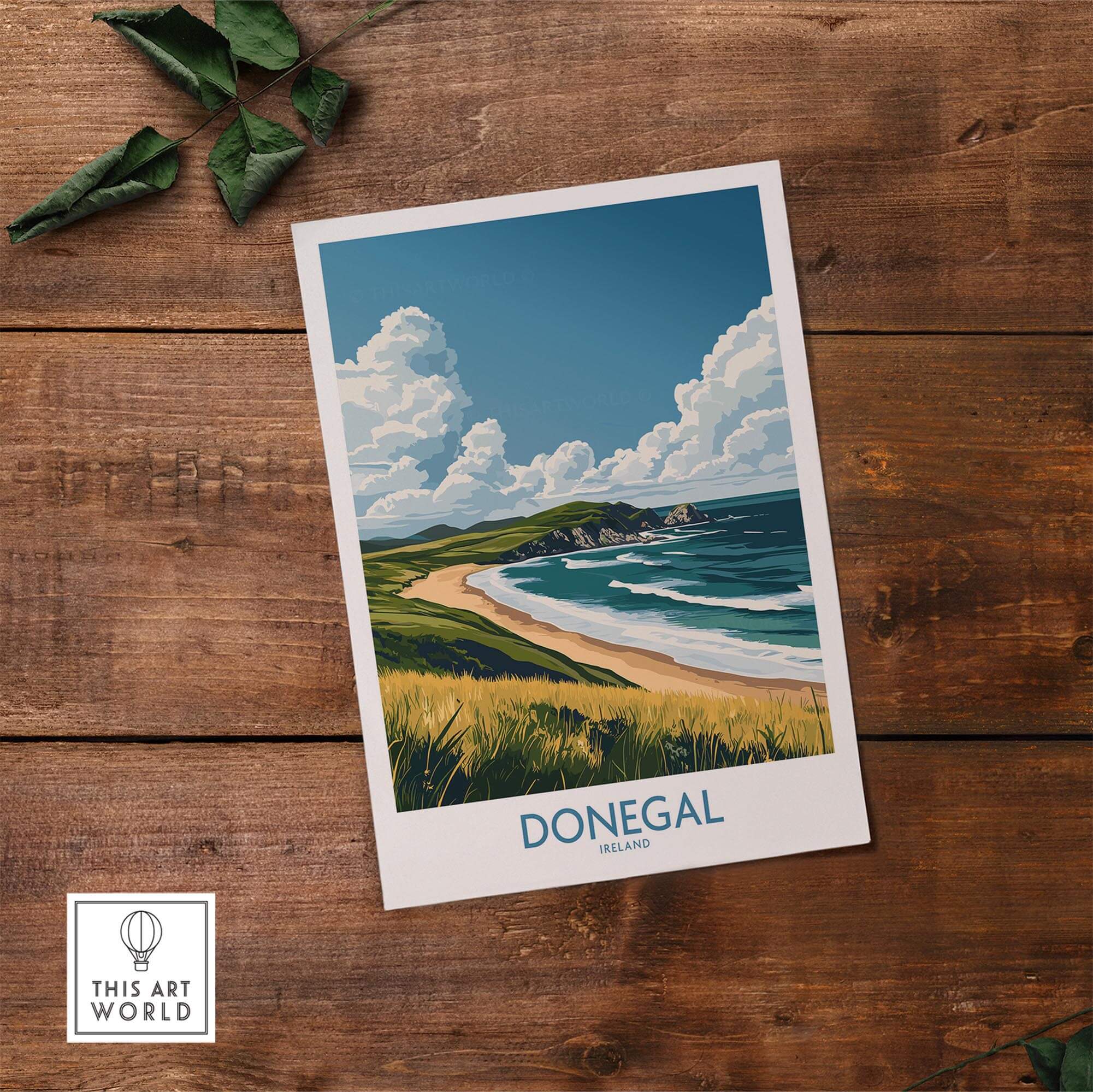 Donegal Travel Poster featuring Ireland's stunning coastline and lush green landscape on wooden background.