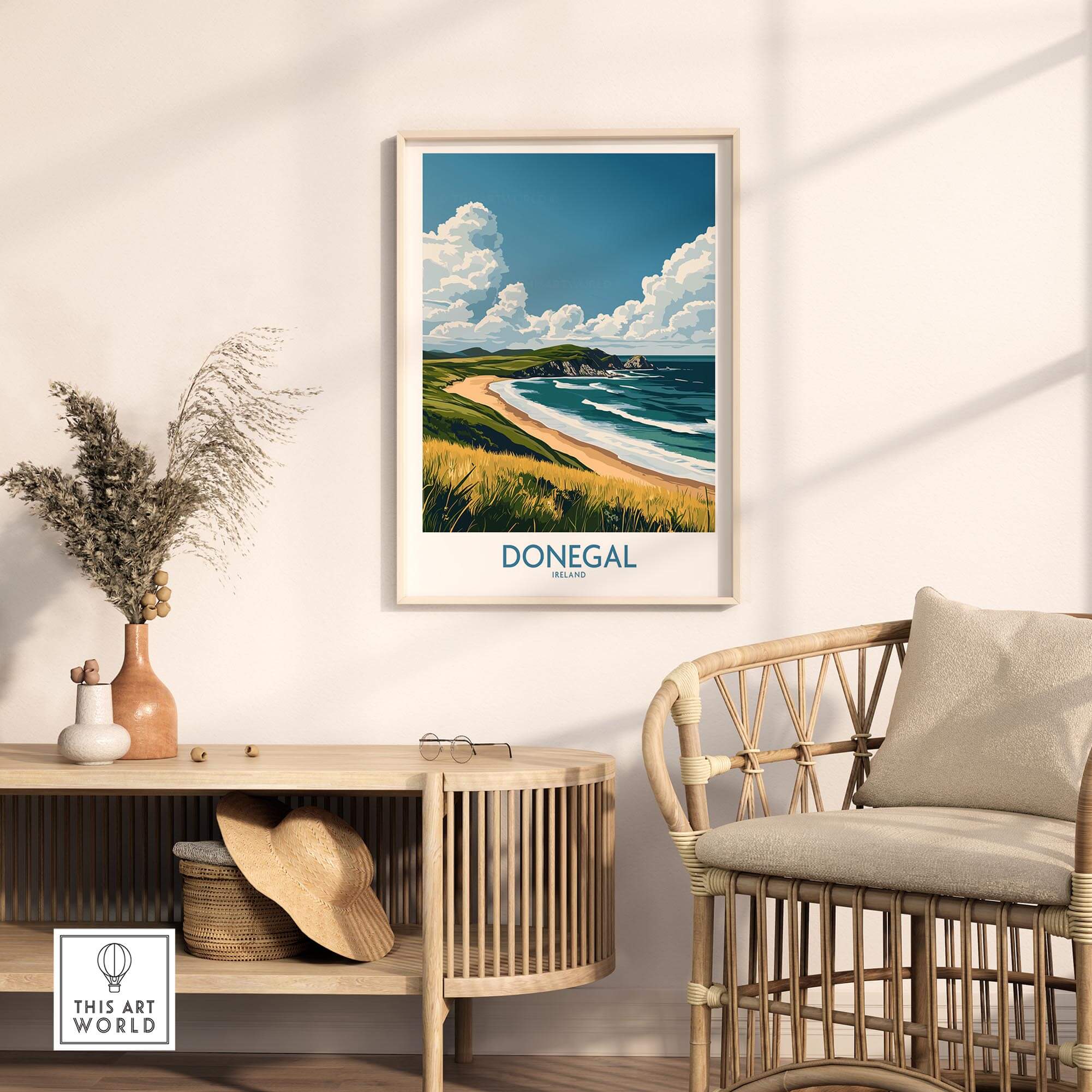 Donegal Travel Poster featuring beautiful Irish beach scenery in a stylish home setting.