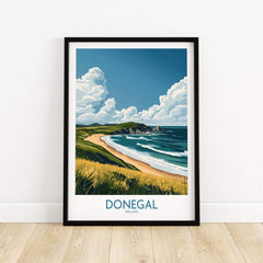 Donegal Travel Poster featuring a scenic view of Donegal's coastline and beaches in Ireland.