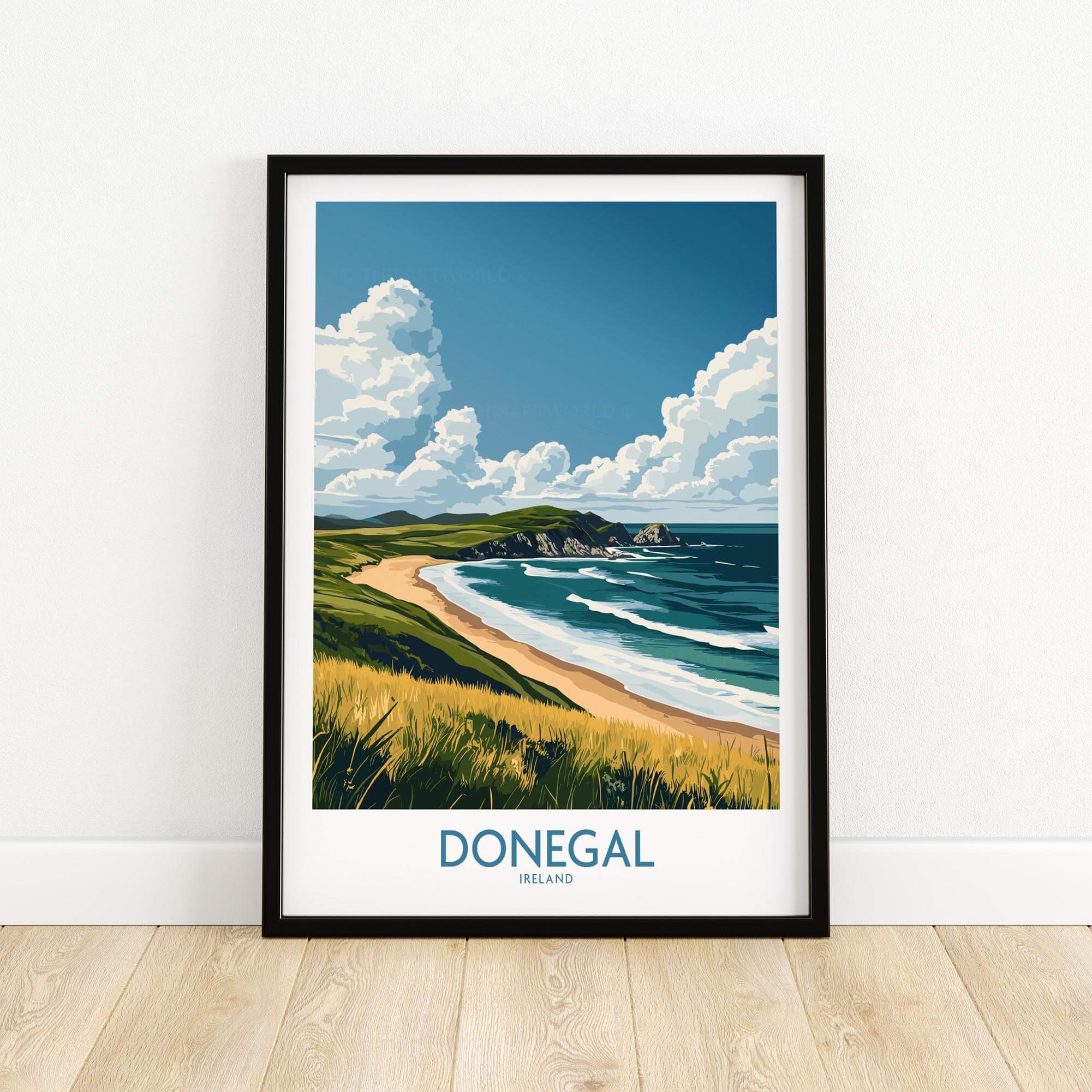 Donegal Travel Poster featuring a scenic view of Donegal's coastline and beaches in Ireland.