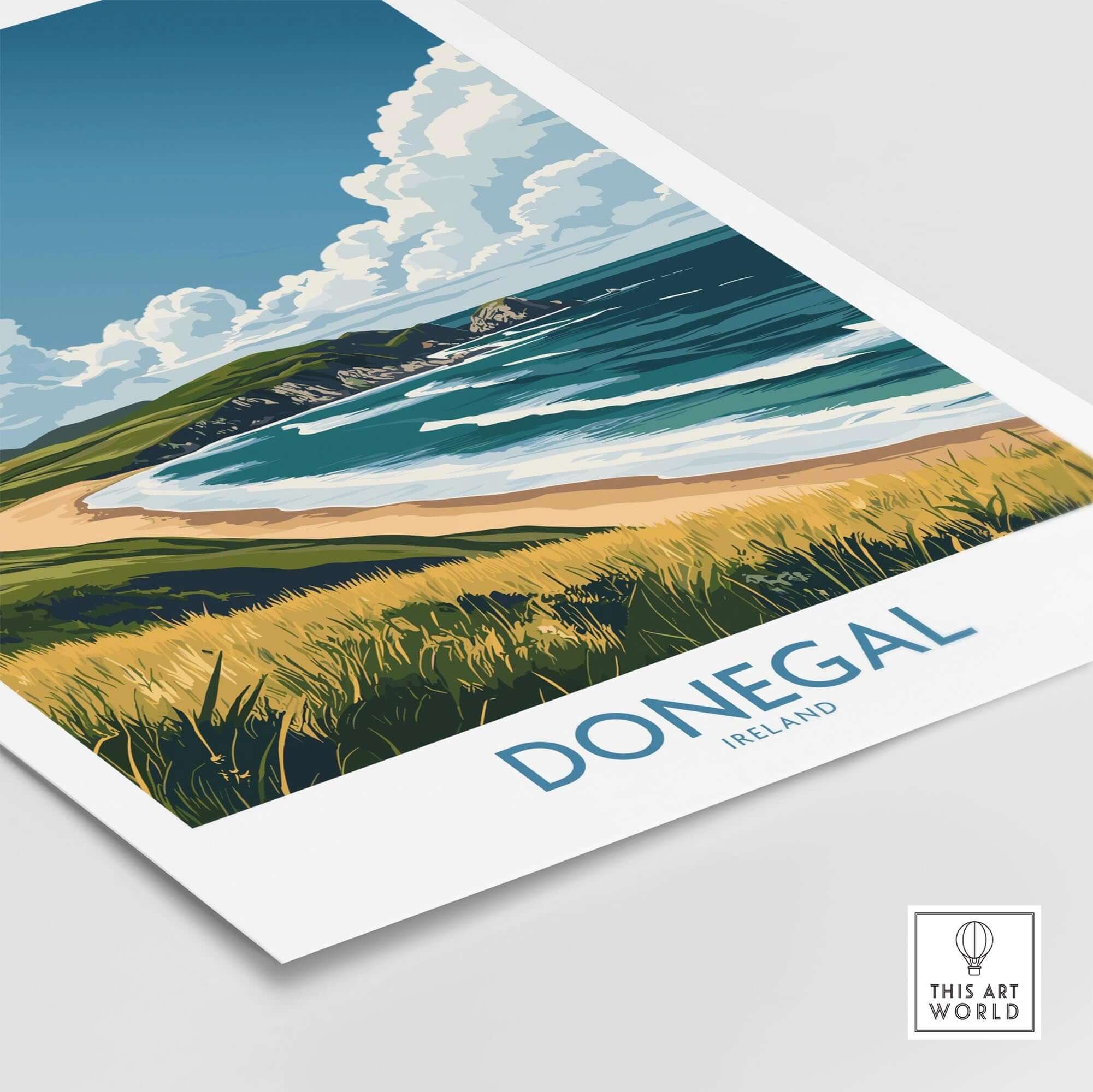 Donegal Travel Poster showcasing Ireland's scenic beaches and rugged coastline with vibrant colors.