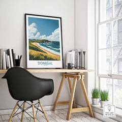 Donegal Travel Poster showcasing Ireland's beauty in a modern home office setting.