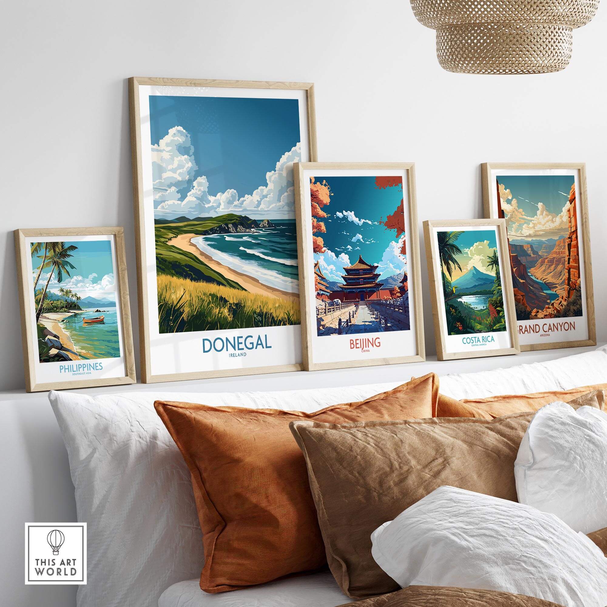 Donegal Travel Poster displayed among various travel posters on a stylish living room wall.