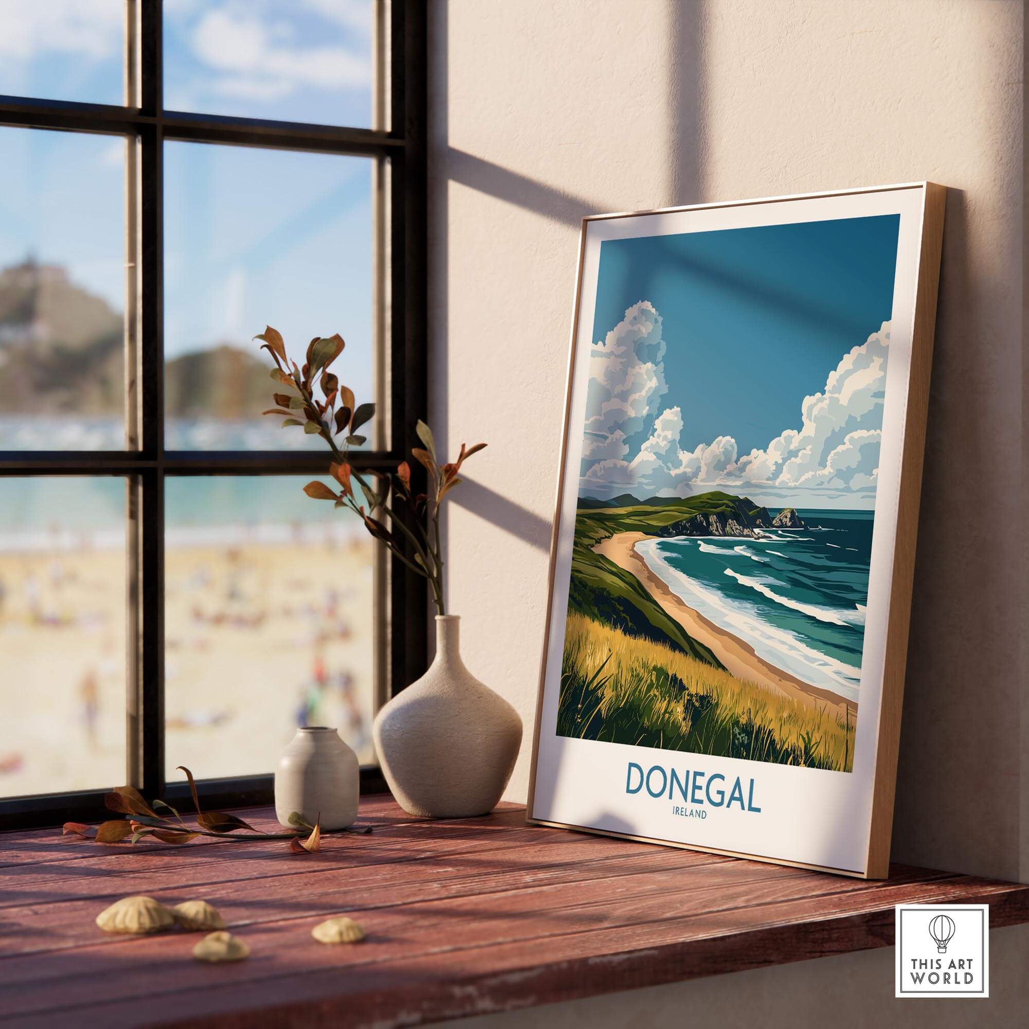 Donegal Travel Poster showcasing the stunning beaches and rugged landscape of Donegal, Ireland, for inspiring adventures.