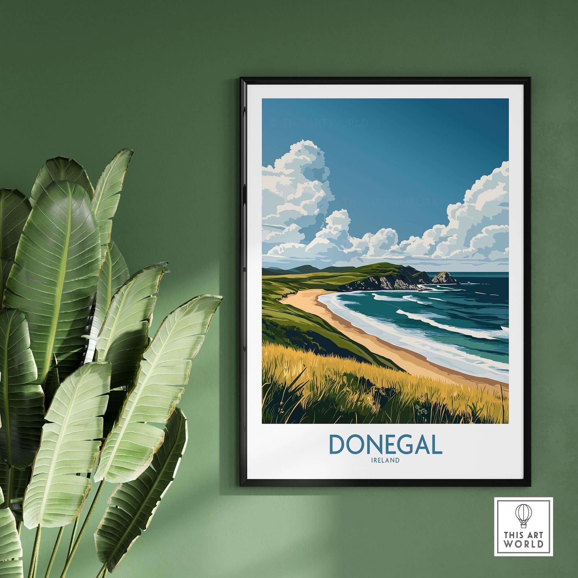 Donegal Travel Poster showcasing Ireland's stunning beaches and rugged landscapes, perfect for wall art and home decor.