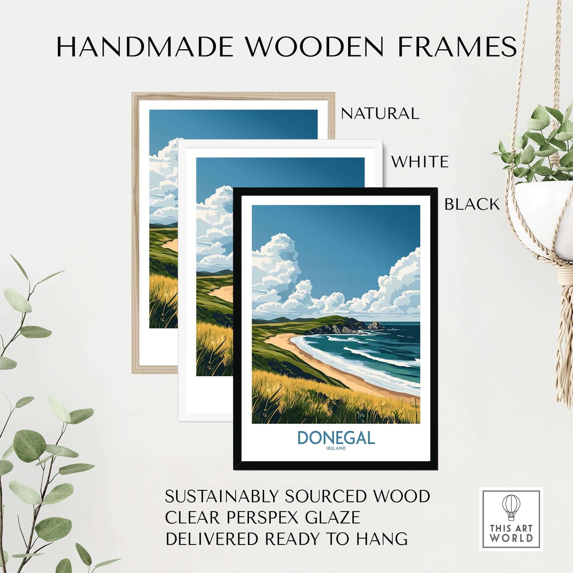 Donegal Travel Poster displayed in handmade wooden frames: natural, white, and black options with clear Perspex glaze.