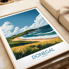 Donegal Travel Poster featuring Ireland's stunning beaches and lush landscape in vibrant colors.