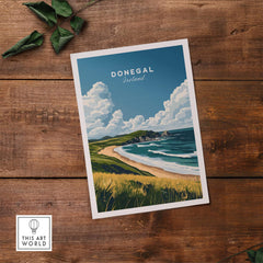 Donegal Travel Print showcasing the stunning landscapes of Ireland with vibrant colors and charming scenery.