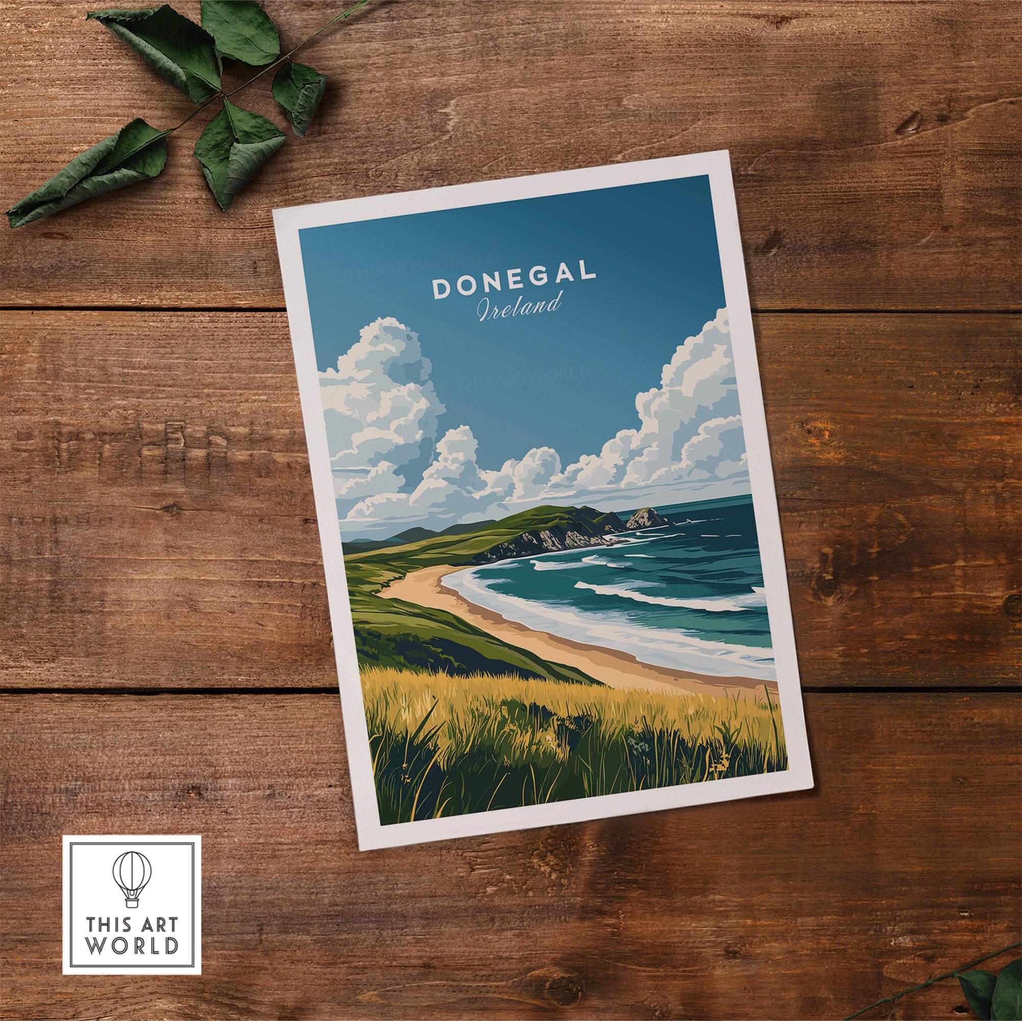 Donegal Travel Print showcasing the stunning landscapes of Ireland with vibrant colors and charming scenery.