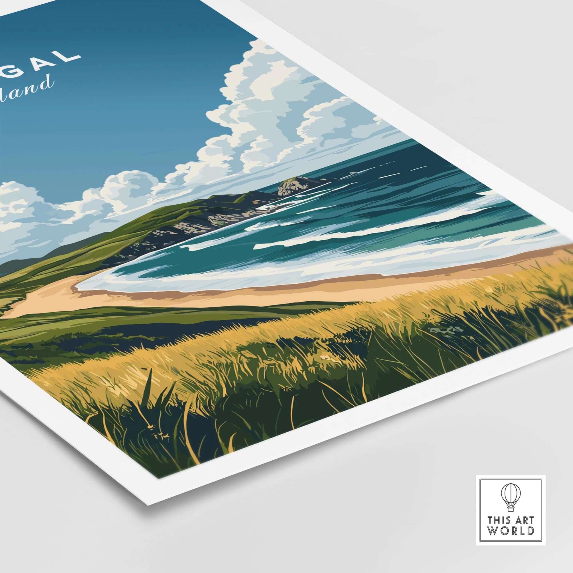 Donegal Travel Print showcasing the stunning landscapes of the Republic of Ireland with vibrant colors.