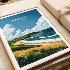 Donegal Travel Print featuring stunning landscapes of Ireland, showcasing the beauty of Donegal's coast.