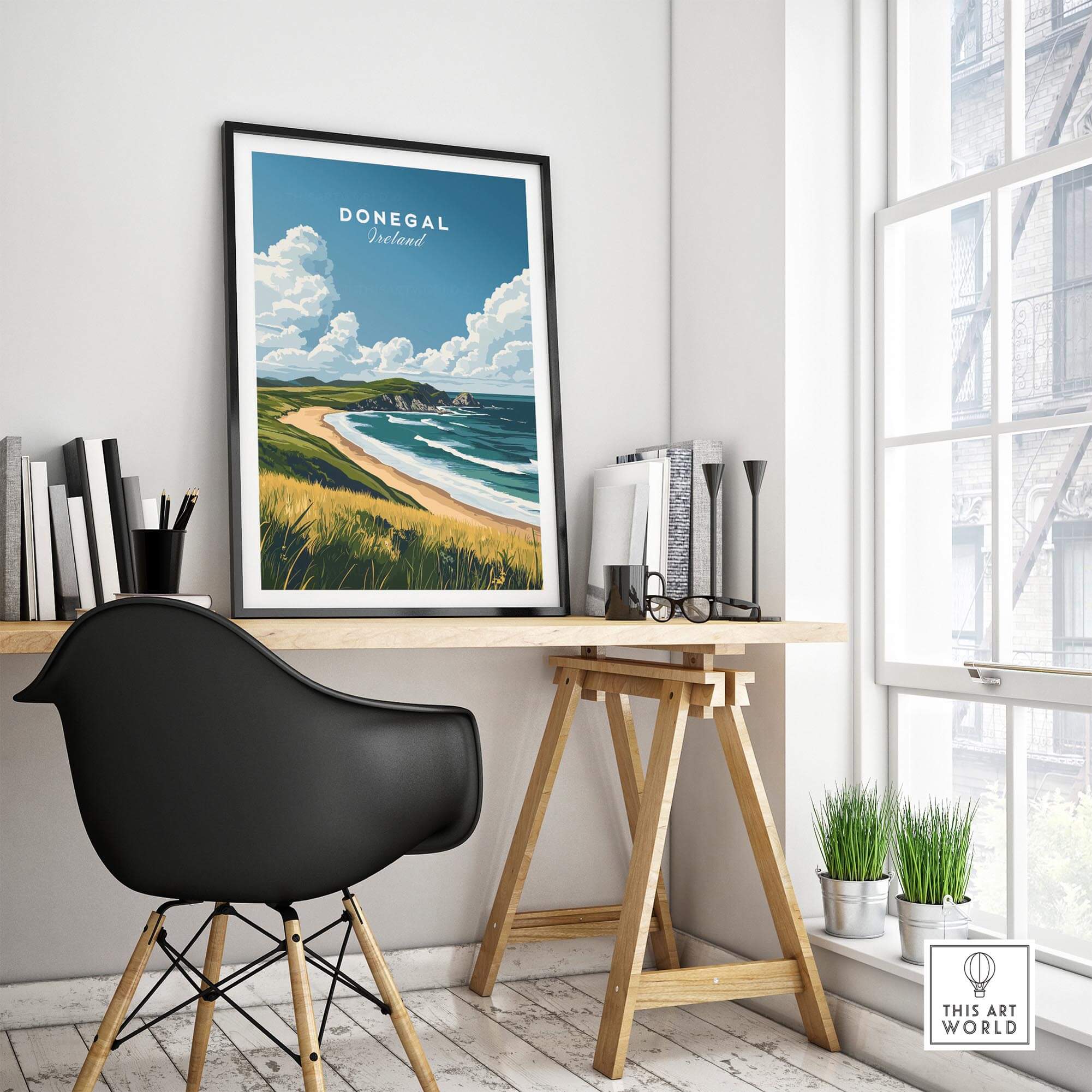 Donegal Travel Print showcasing Ireland's landscapes in a stylish home office setting with a modern desk and chair.