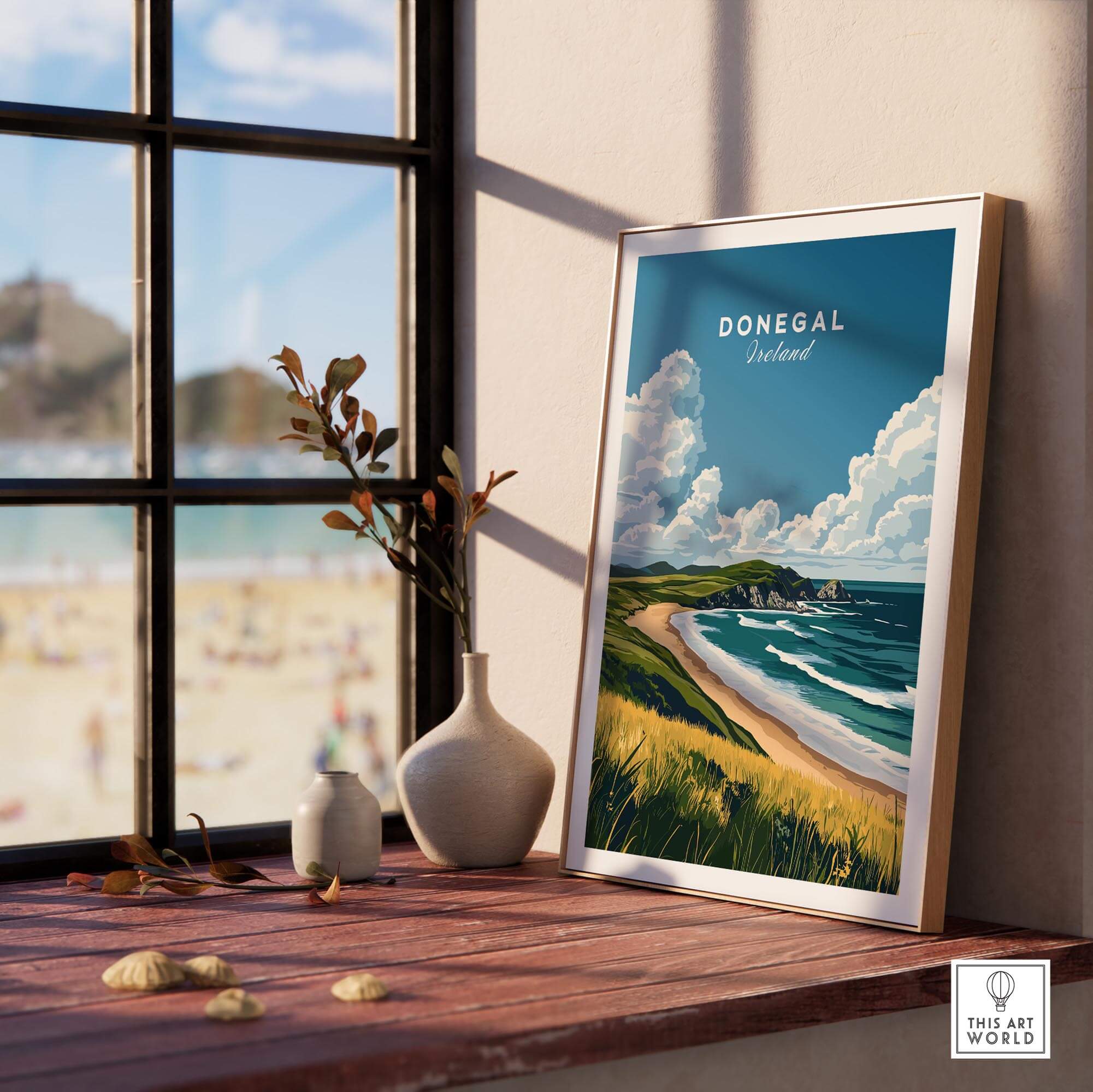 Donegal Travel Print showcasing stunning landscapes of Ireland with beach view and clouds.