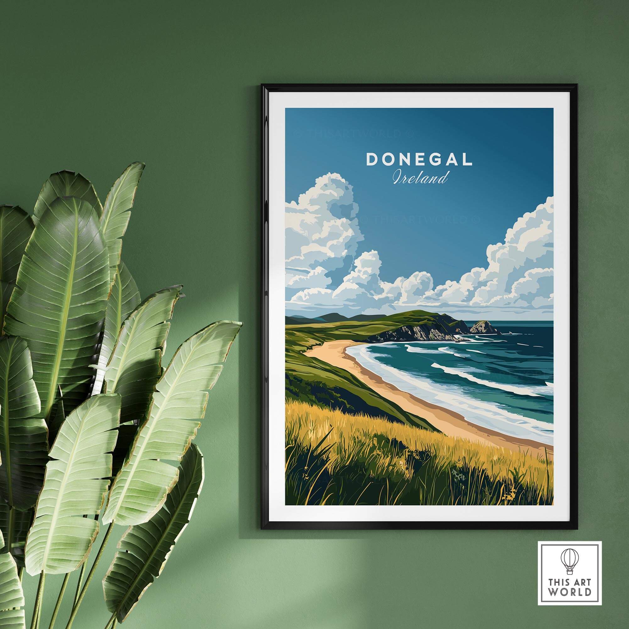 Donegal Travel Print featuring stunning coastal landscapes of Ireland, perfect for home decor.
