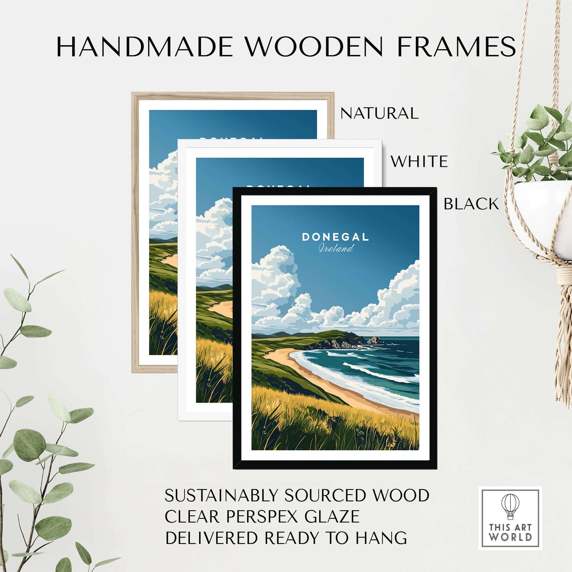 Donegal Travel Print displayed in handmade wooden frames: natural, white, and black, showcasing stunning Irish landscapes.