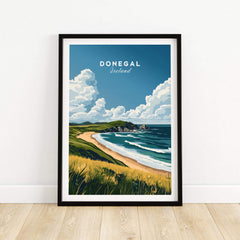 Donegal Travel Print featuring the stunning landscapes of Ireland with a beach and clouds.