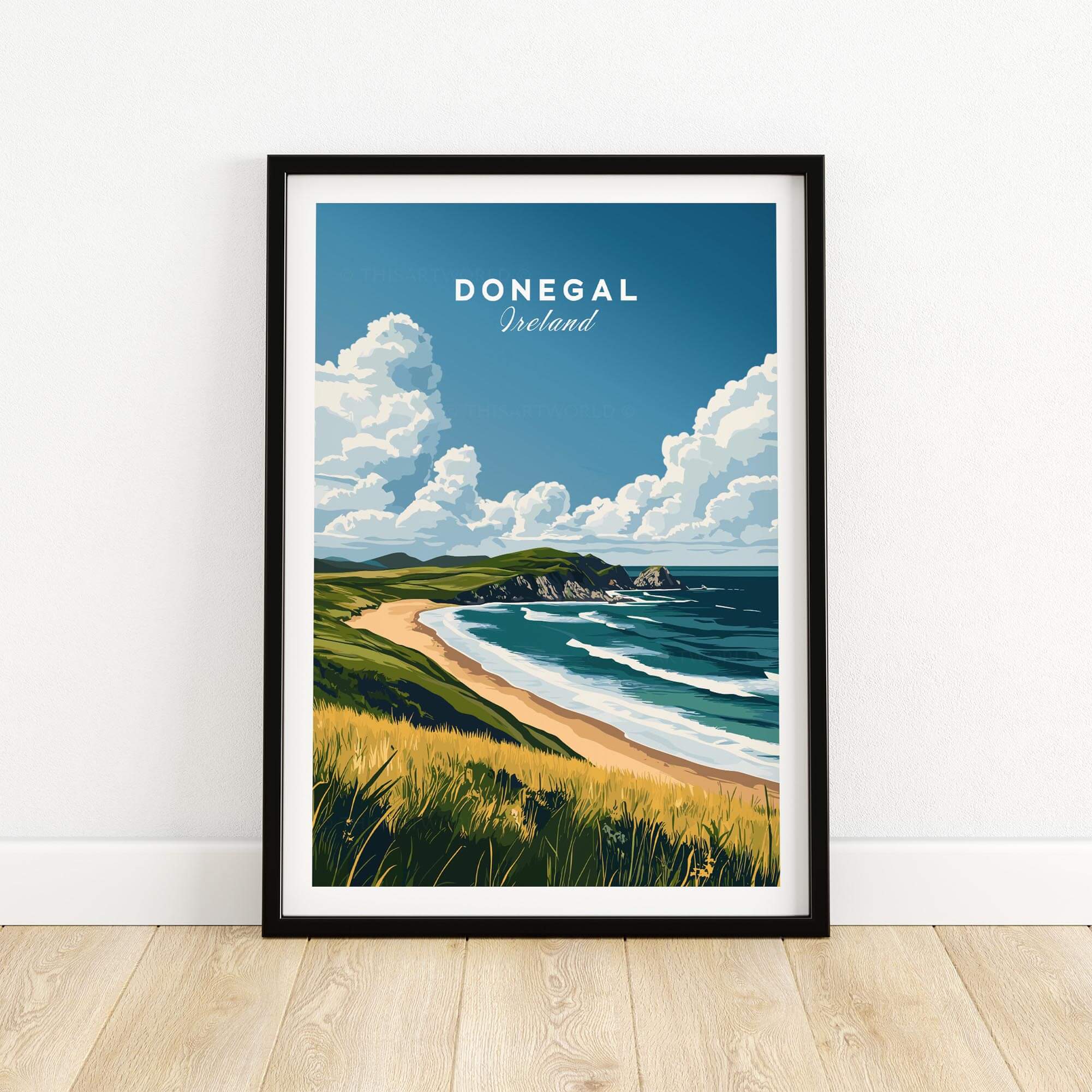 Donegal Travel Print featuring the stunning landscapes of Ireland with a beach and clouds.