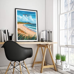 Donegal Wall Art featuring a beach scene, vibrant colors, and a modern interior decor setting.