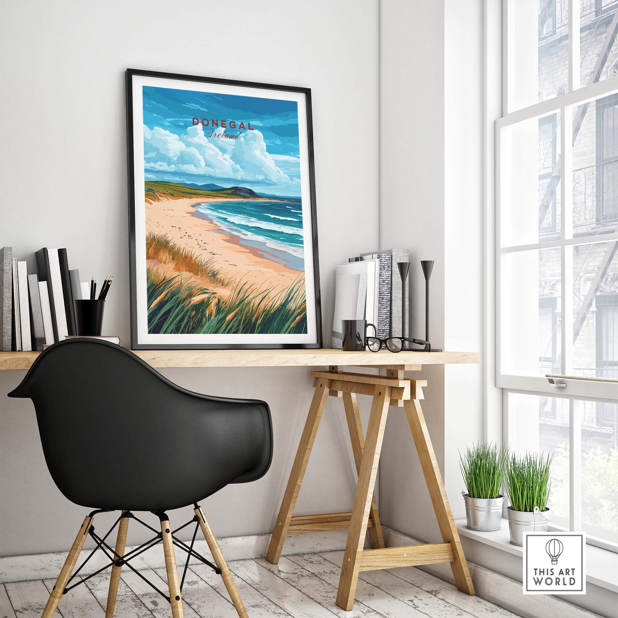 Donegal Wall Art featuring a beach scene, vibrant colors, and a modern interior decor setting.