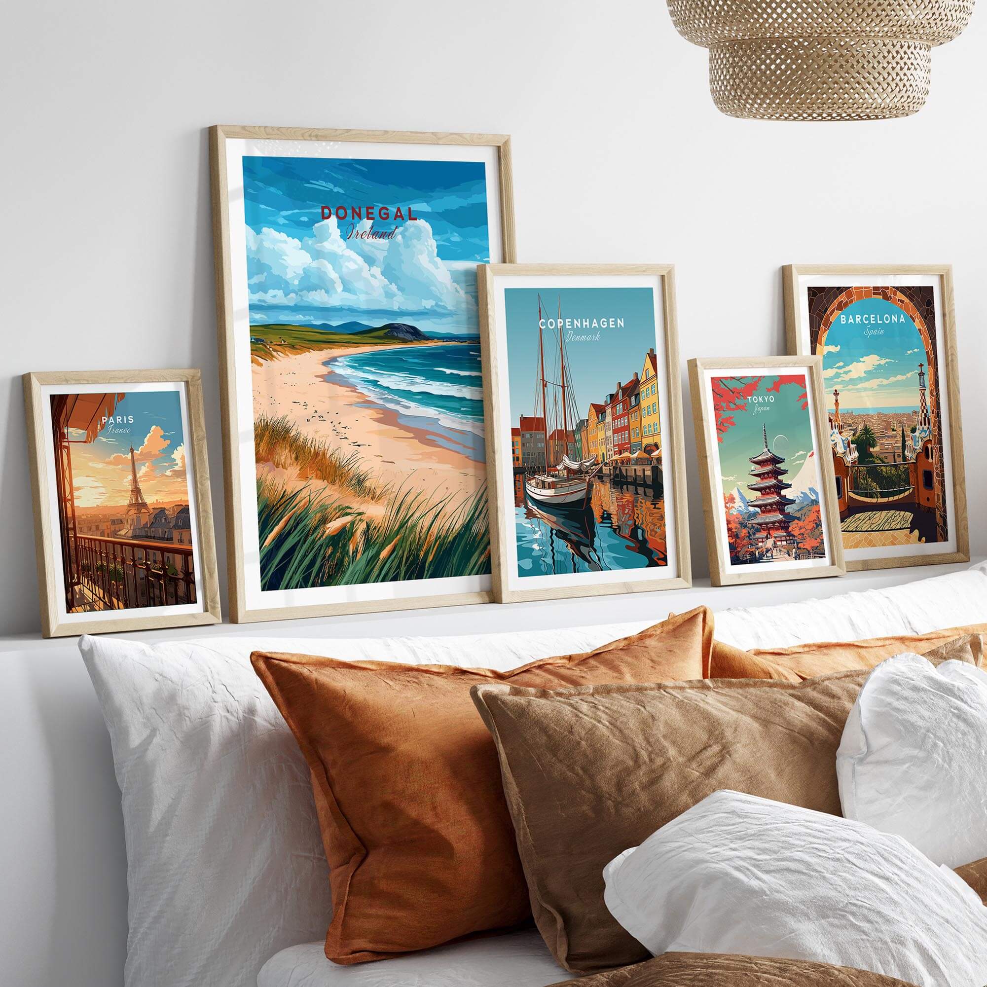 Donegal Wall Art featuring vibrant coastal landscape posters in a stylish home decor setting.