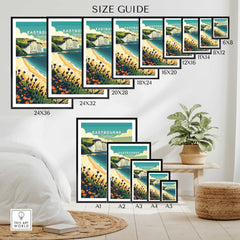 Size guide for Eastbourne Wall Art prints in various dimensions, showcasing the coastal design and vibrant colors.