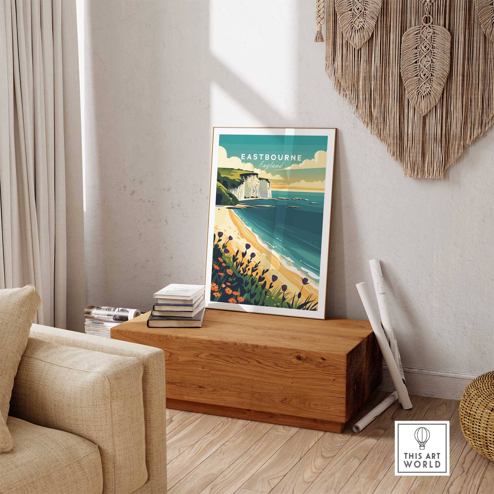 Eastbourne Wall Art showcasing the beautiful Eastbourne coastline in a cozy living room setting.