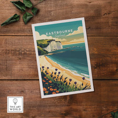 Eastbourne Wall Art featuring a coastal view of Eastbourne, England with cliffs and floral foreground.