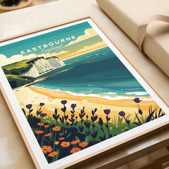 Eastbourne Wall Art showcasing the Eastbourne coastline with vibrant flowers and serene beach scenery.