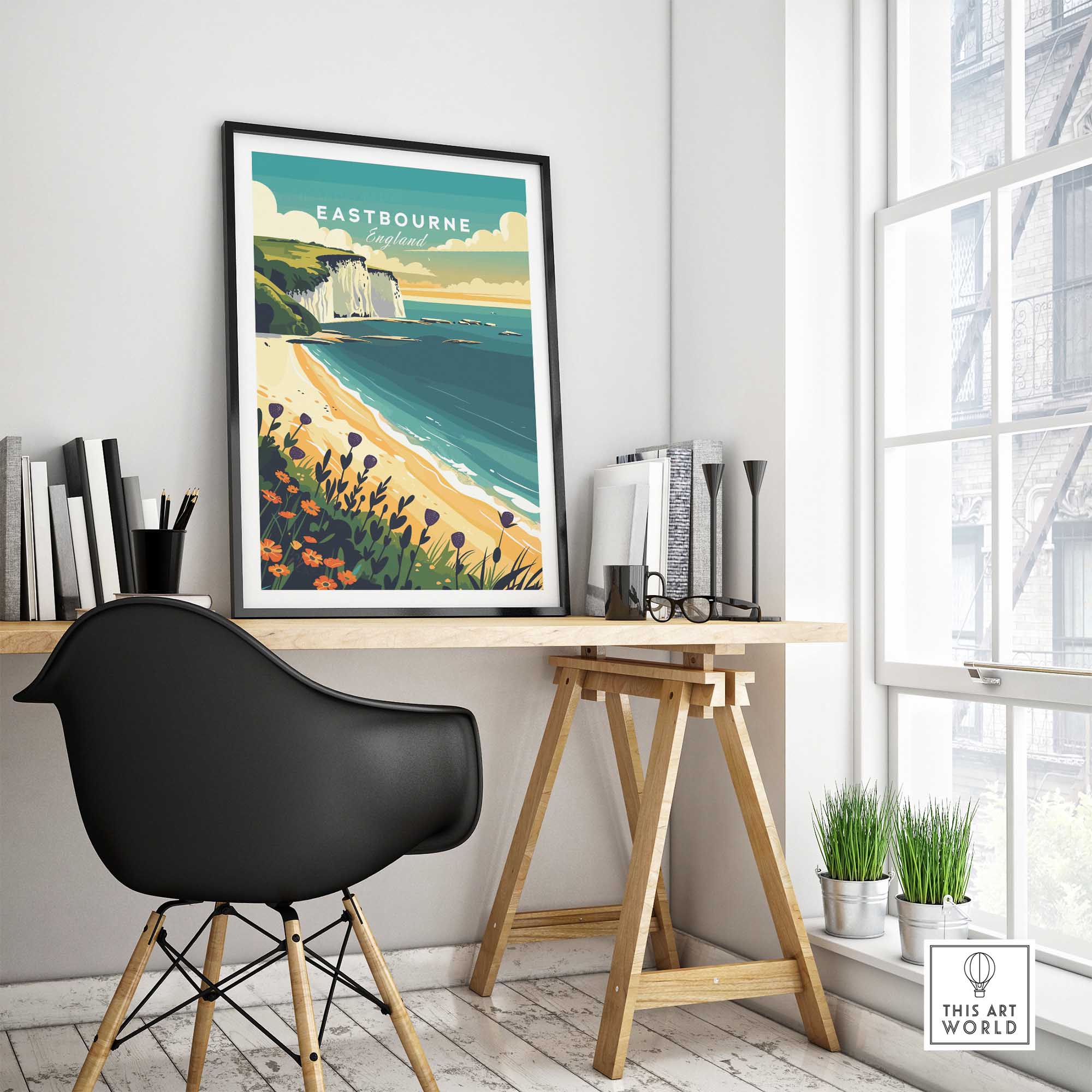 Eastbourne Wall Art print displayed in a stylish interior, highlighting the beauty of the Eastbourne coastline.