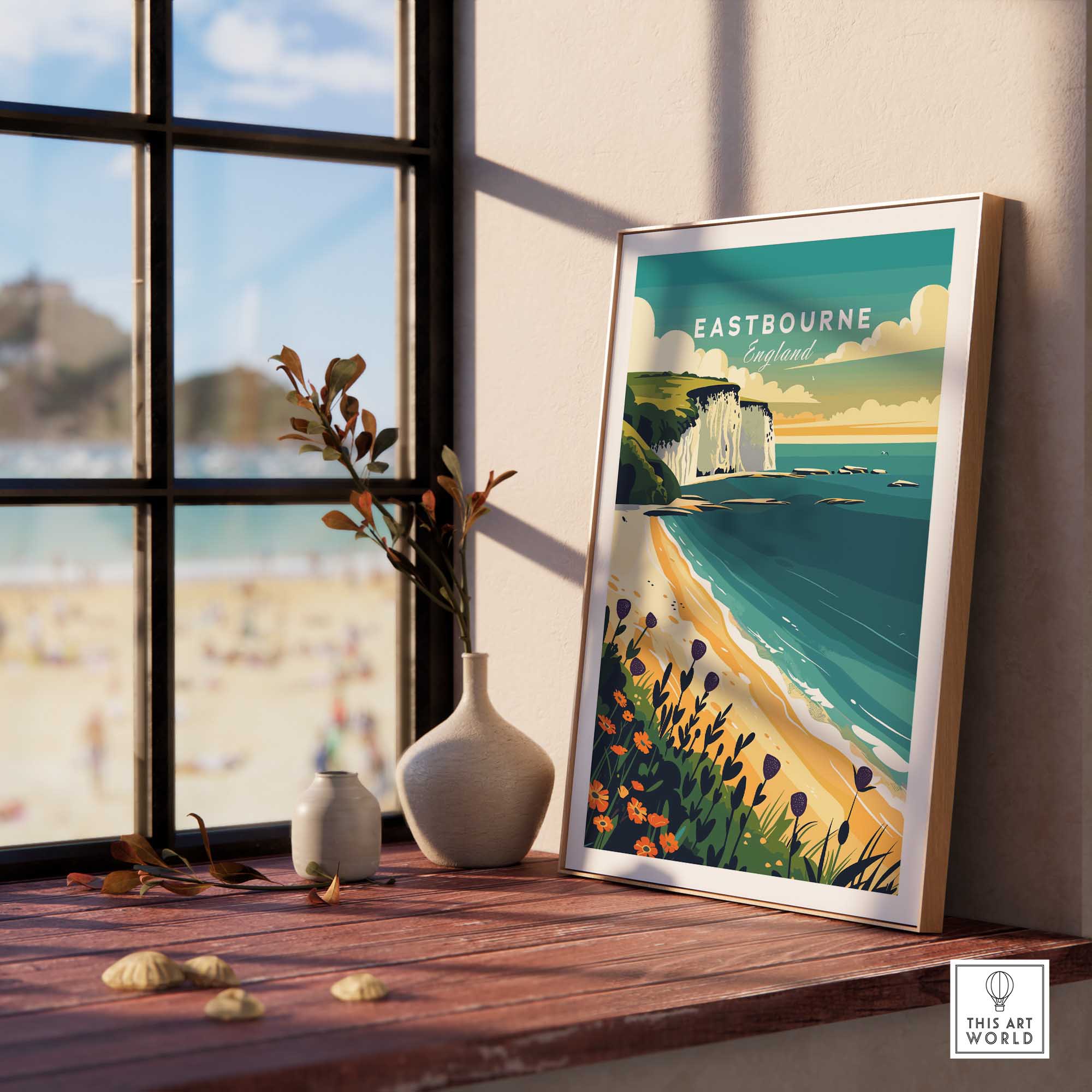 Eastbourne Wall Art showcasing the coastline and beach view, perfect for adding serenity to your home decor.