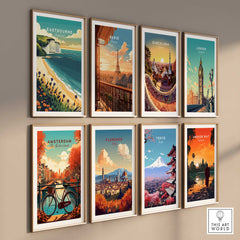 A collection of travel posters including Eastbourne Wall Art, showcasing beautiful coastal and city landscapes.