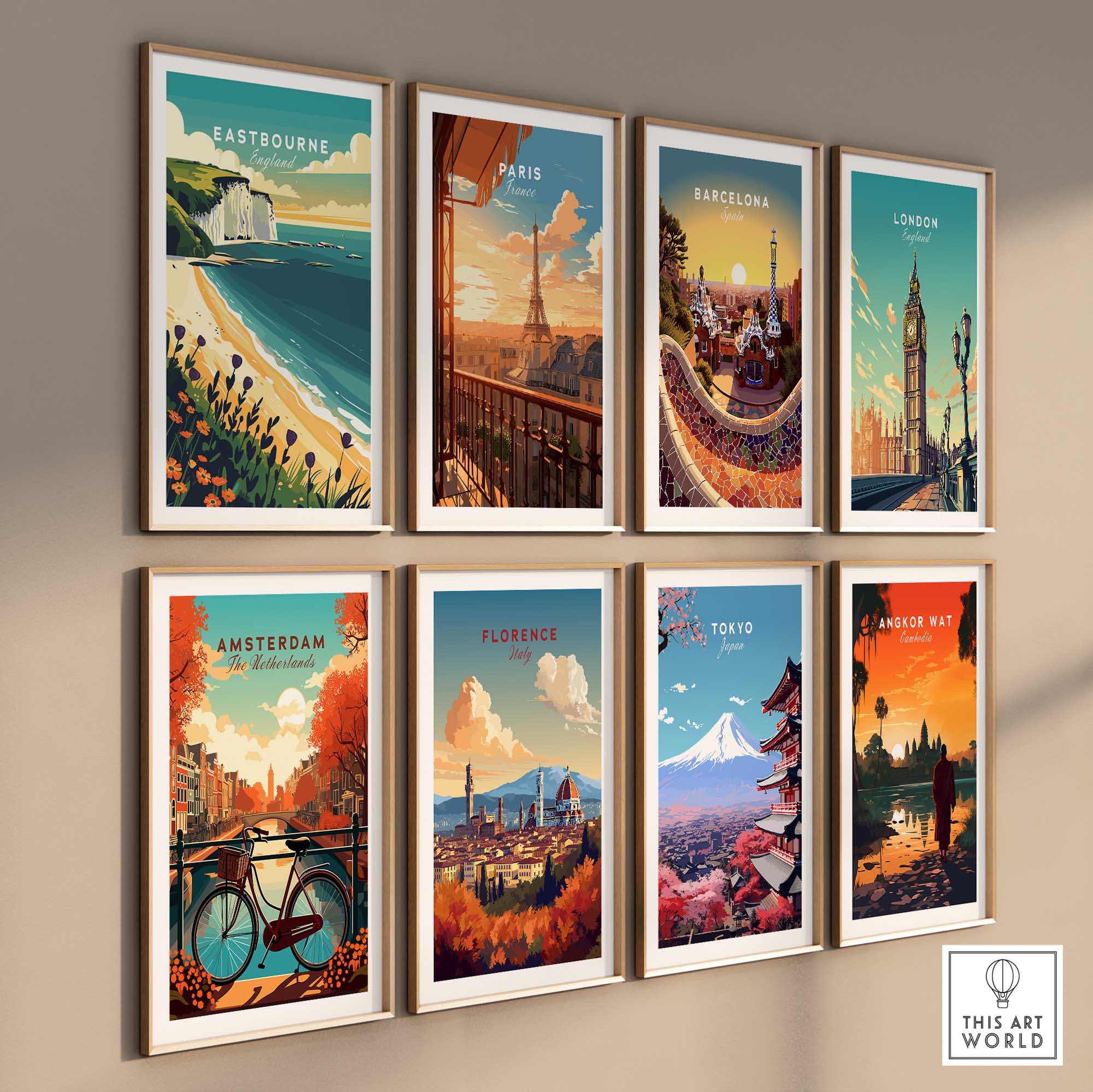A collection of travel posters including Eastbourne Wall Art, showcasing beautiful coastal and city landscapes.