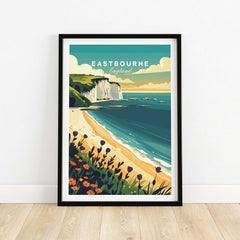Eastbourne Wall Art showcasing the coastline of Eastbourne, England with vibrant colors and a serene beach scene.