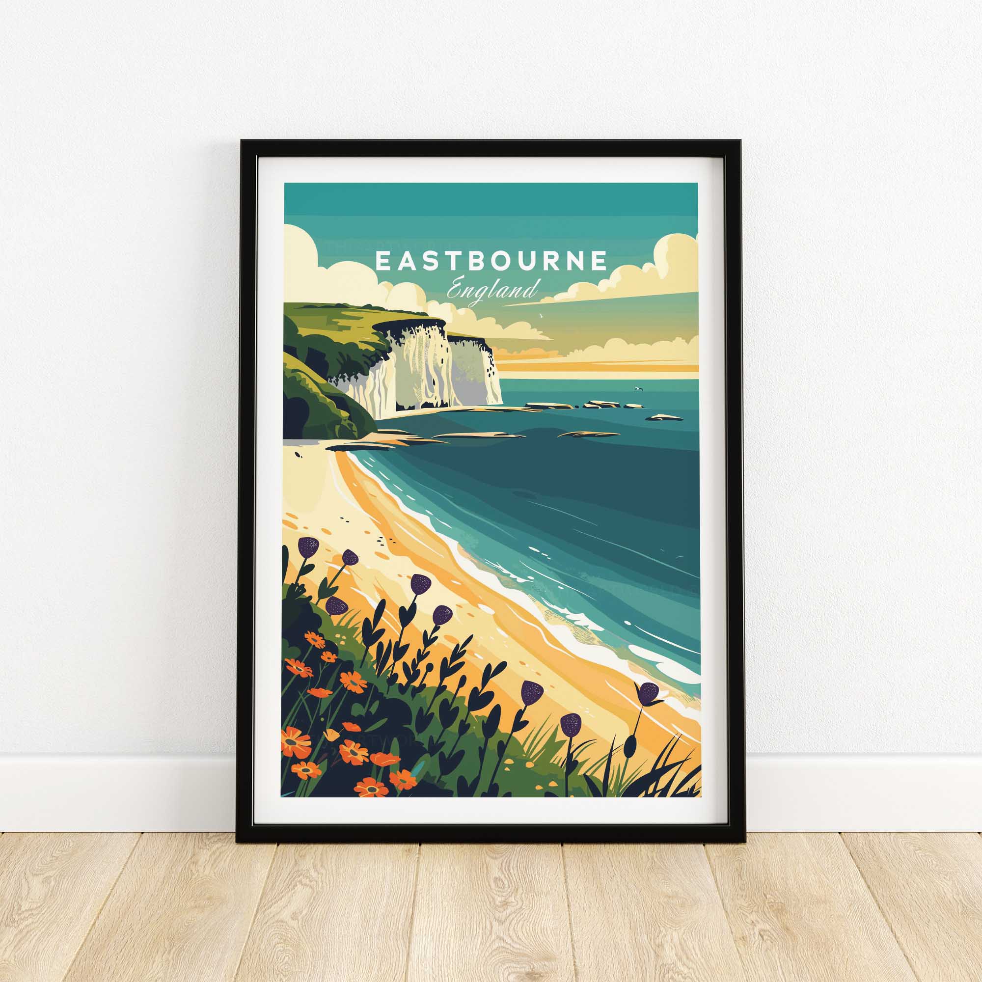Eastbourne Wall Art showcasing the coastline of Eastbourne, England with vibrant colors and a serene beach scene.