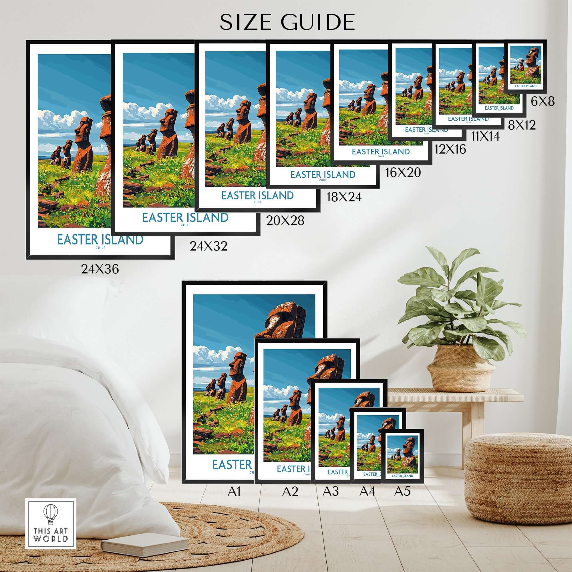 Easter Island Art Print size guide showcasing various dimensions and vibrant colors of moai statues.
