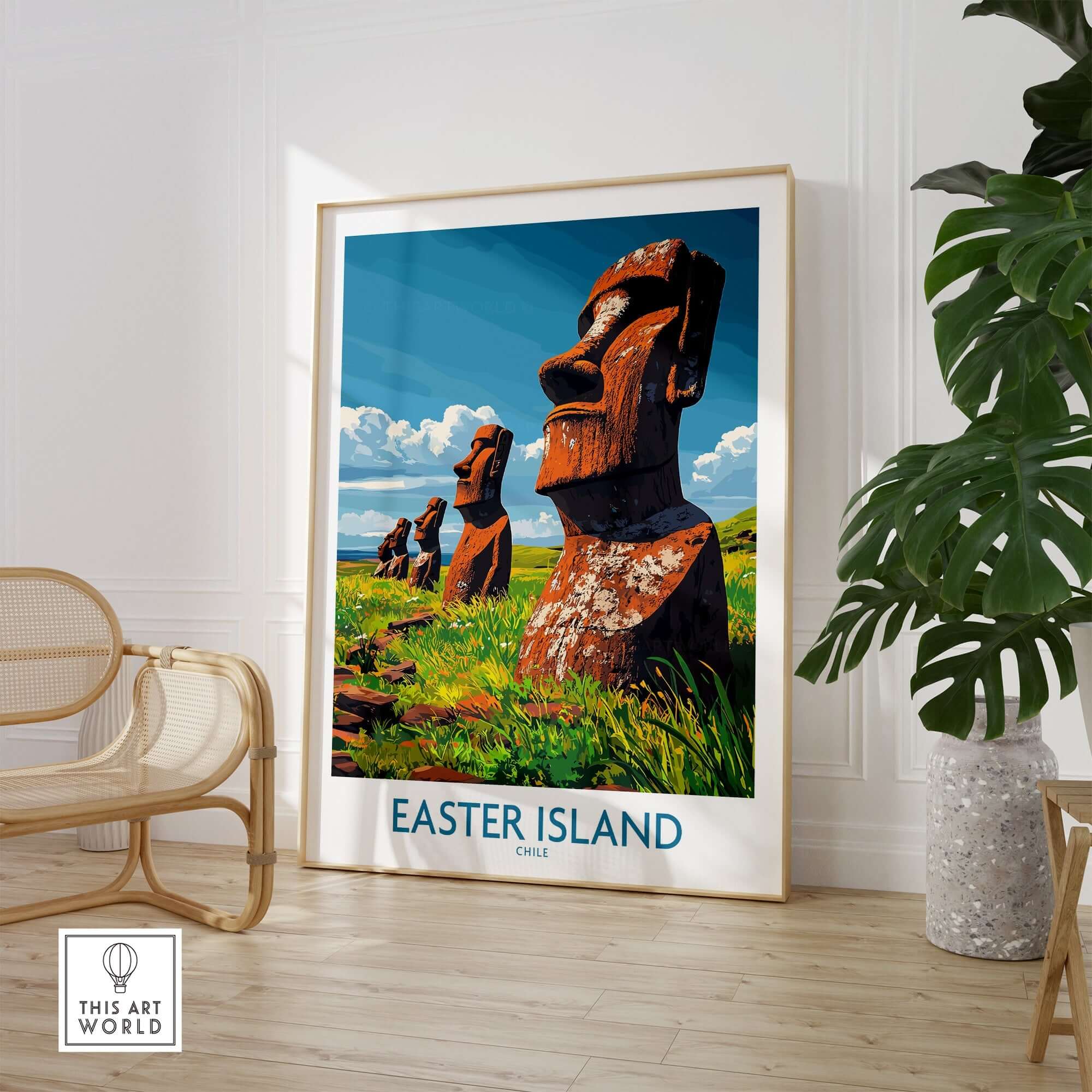 Easter Island Art Print featuring vibrant moai statues in a serene landscape, perfect for art enthusiasts.