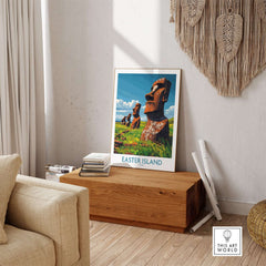 Easter Island Art Print showcasing moai statues in a vibrant landscape, perfect for art enthusiasts.
