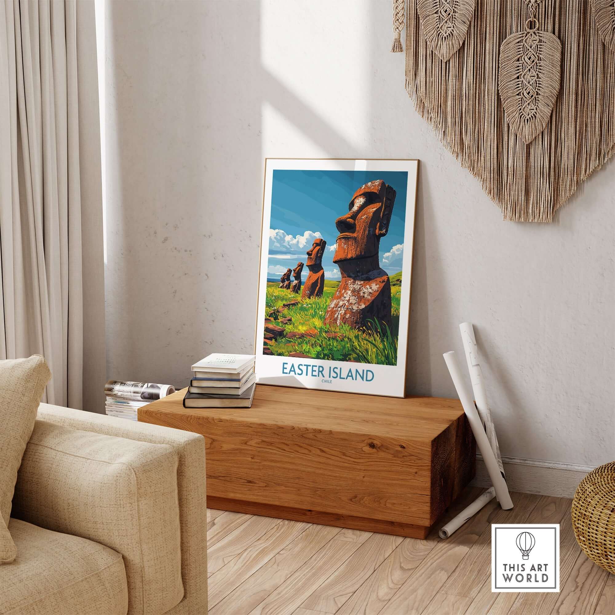 Easter Island Art Print showcasing moai statues in a vibrant landscape, perfect for art enthusiasts.