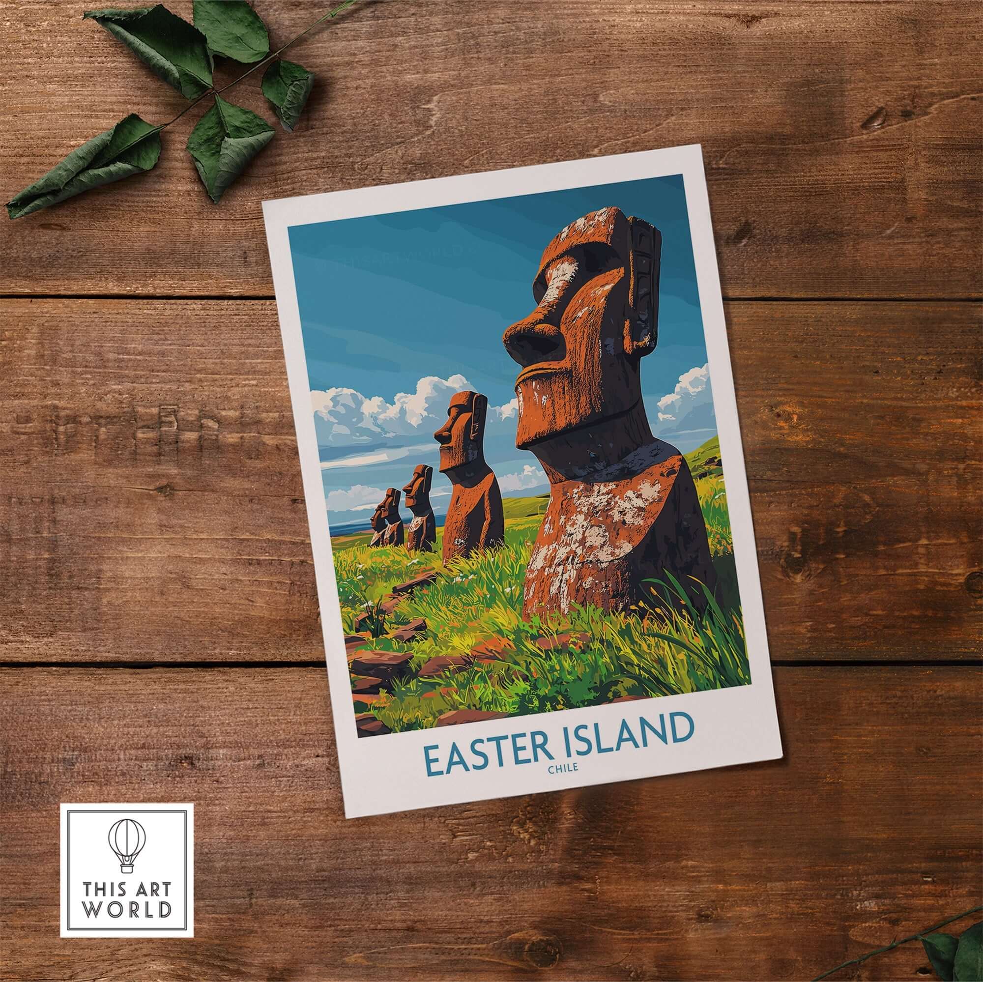 Easter Island Art Print featuring iconic moai statues in vibrant colors on a wooden background.