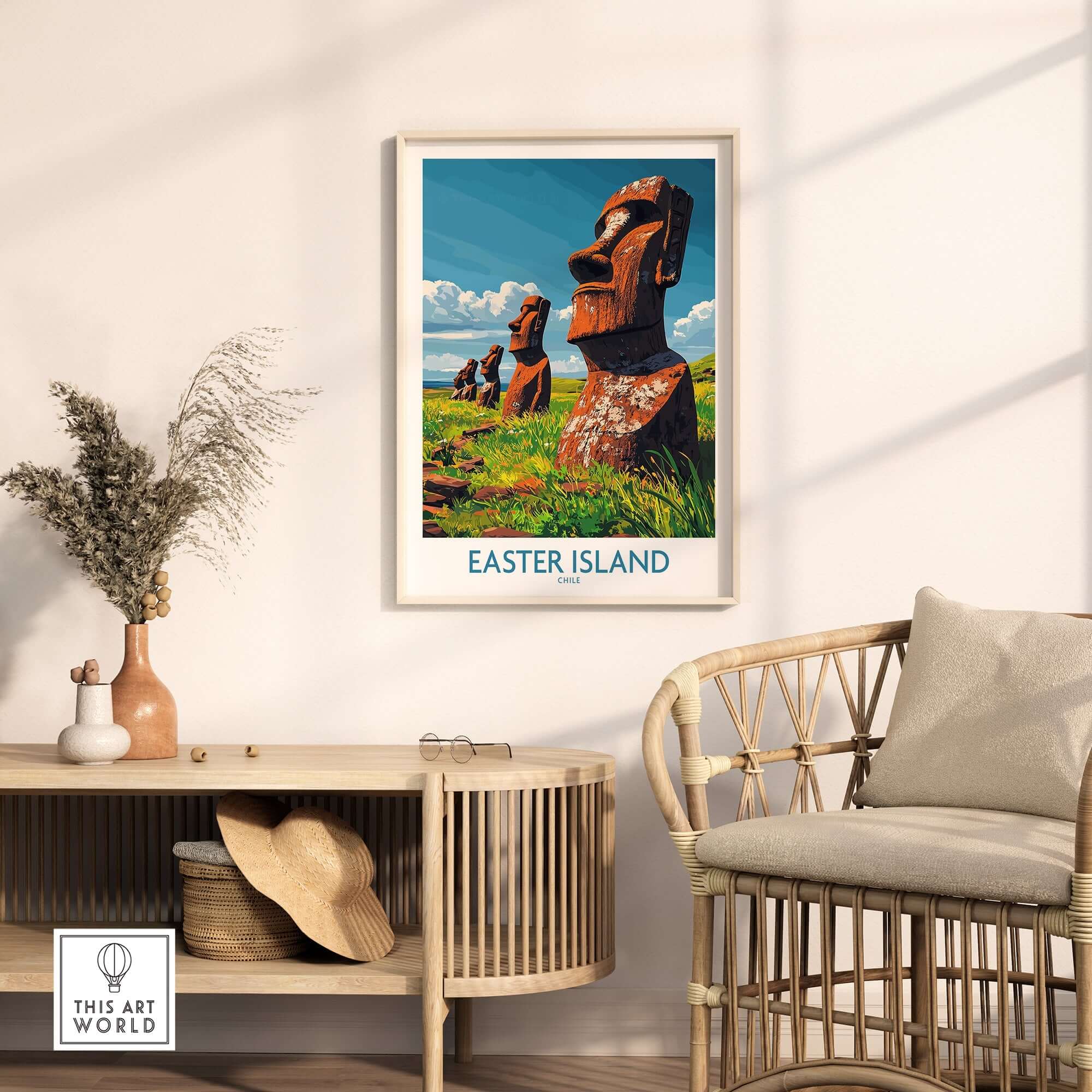 Easter Island Art Print showcasing vibrant moai statues in a stylish interior setting.
