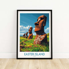 Easter Island Art Print featuring iconic moai statues against a blue sky, bringing exotic beauty to any space.