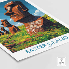 Easter Island Art Print featuring vibrant moai statues and lush landscape, perfect for art enthusiasts and decor lovers.